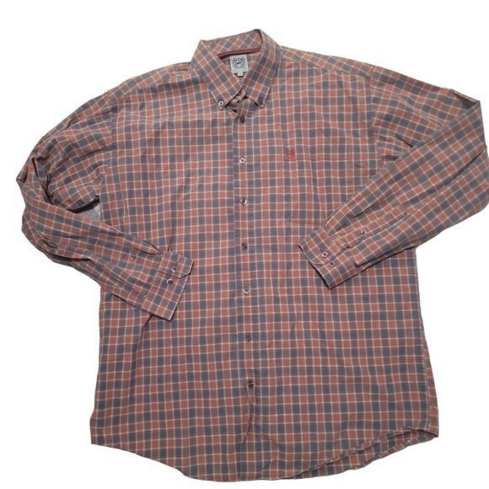 Cinch‎ Mens Size Large Orange Plaid Long Sleeve Button Front Shirt